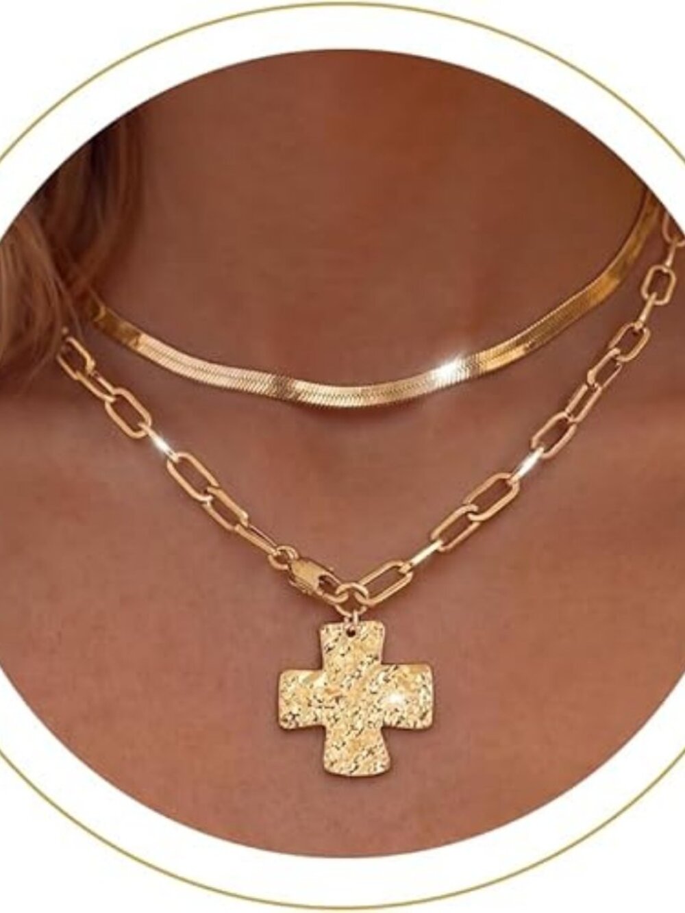Chunky Cross Necklace 14K Gold Plated Layered Crucifix Paperclip Chain